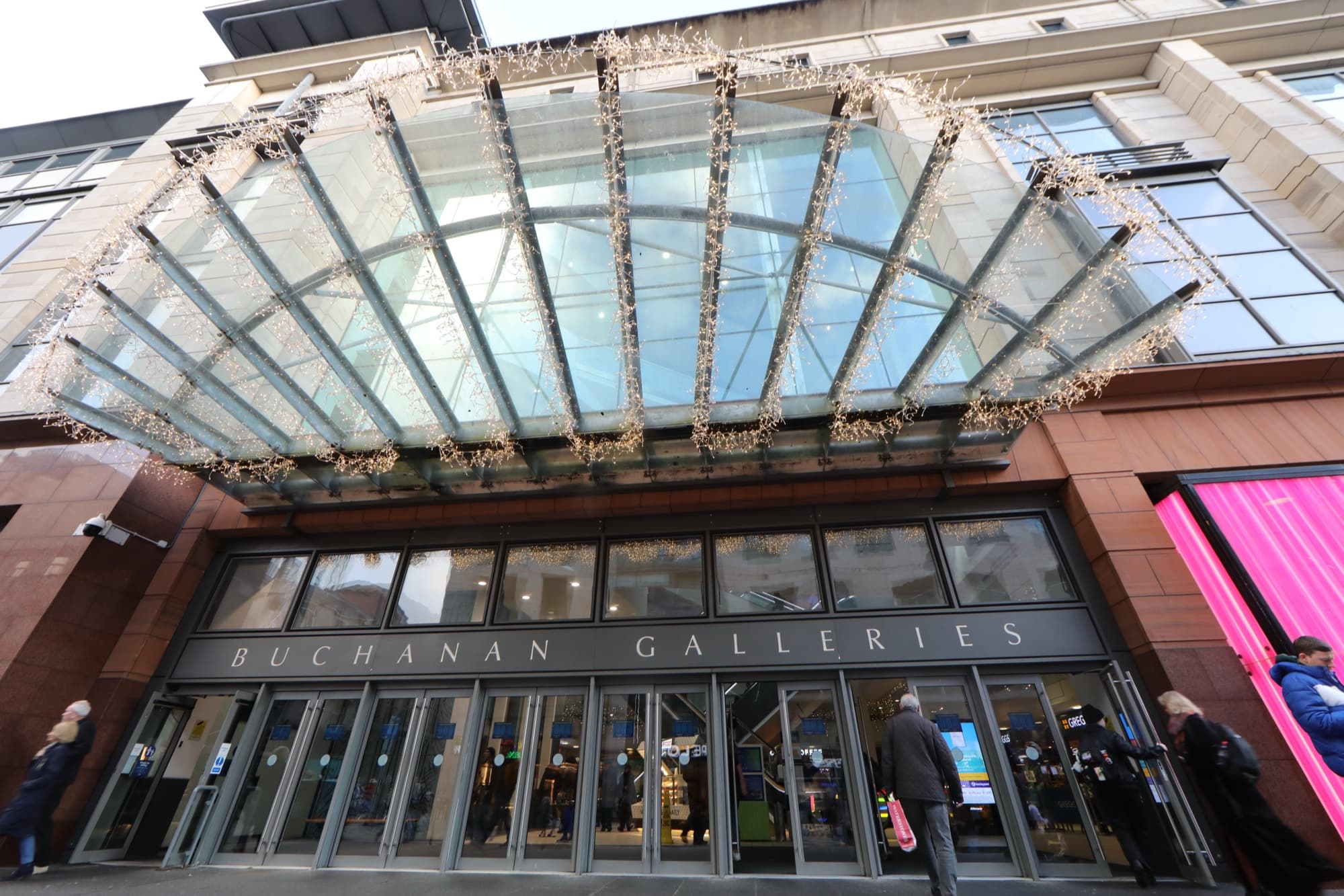 Exterior of the Buchanan Galleries shopping centre entrance canopy and signage on Buchanan Street, Glasgow.
