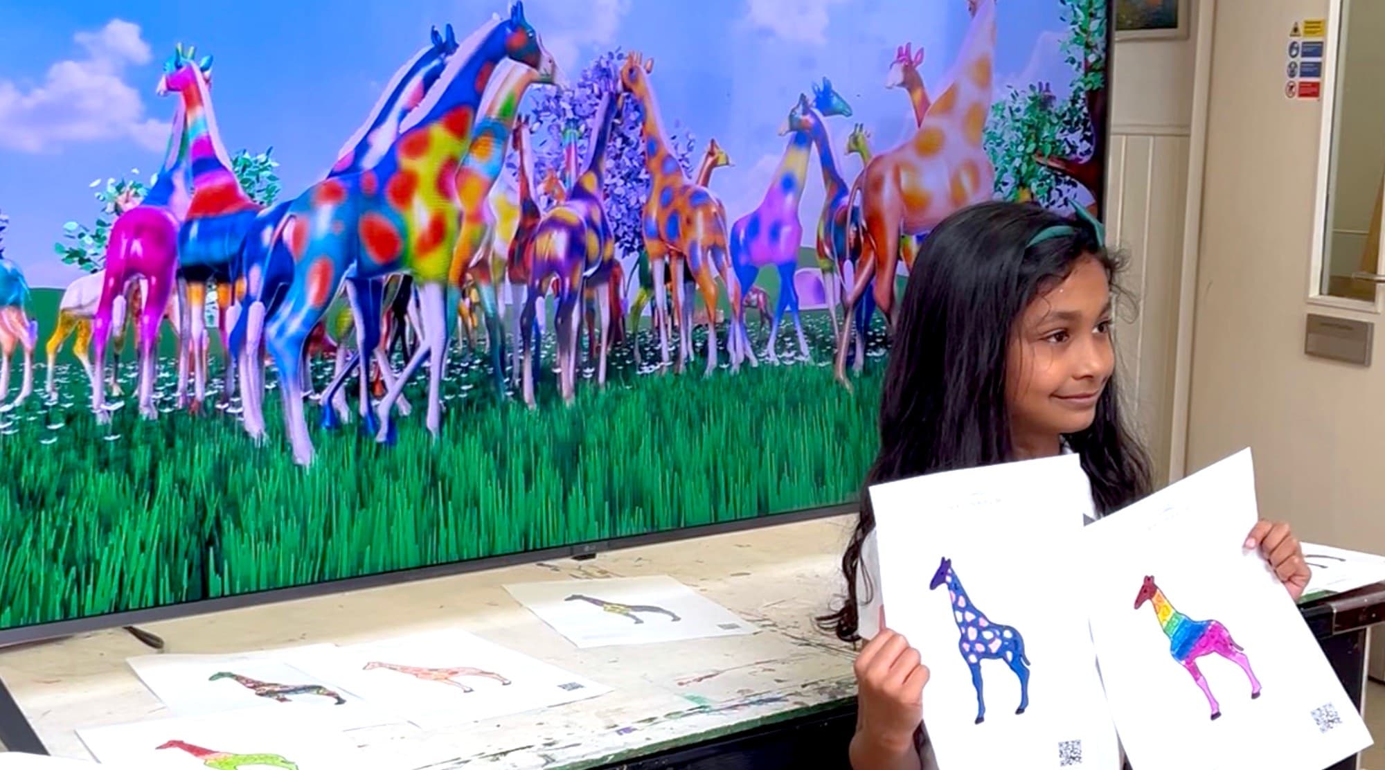 A child holding her giraffes in front of the living herd